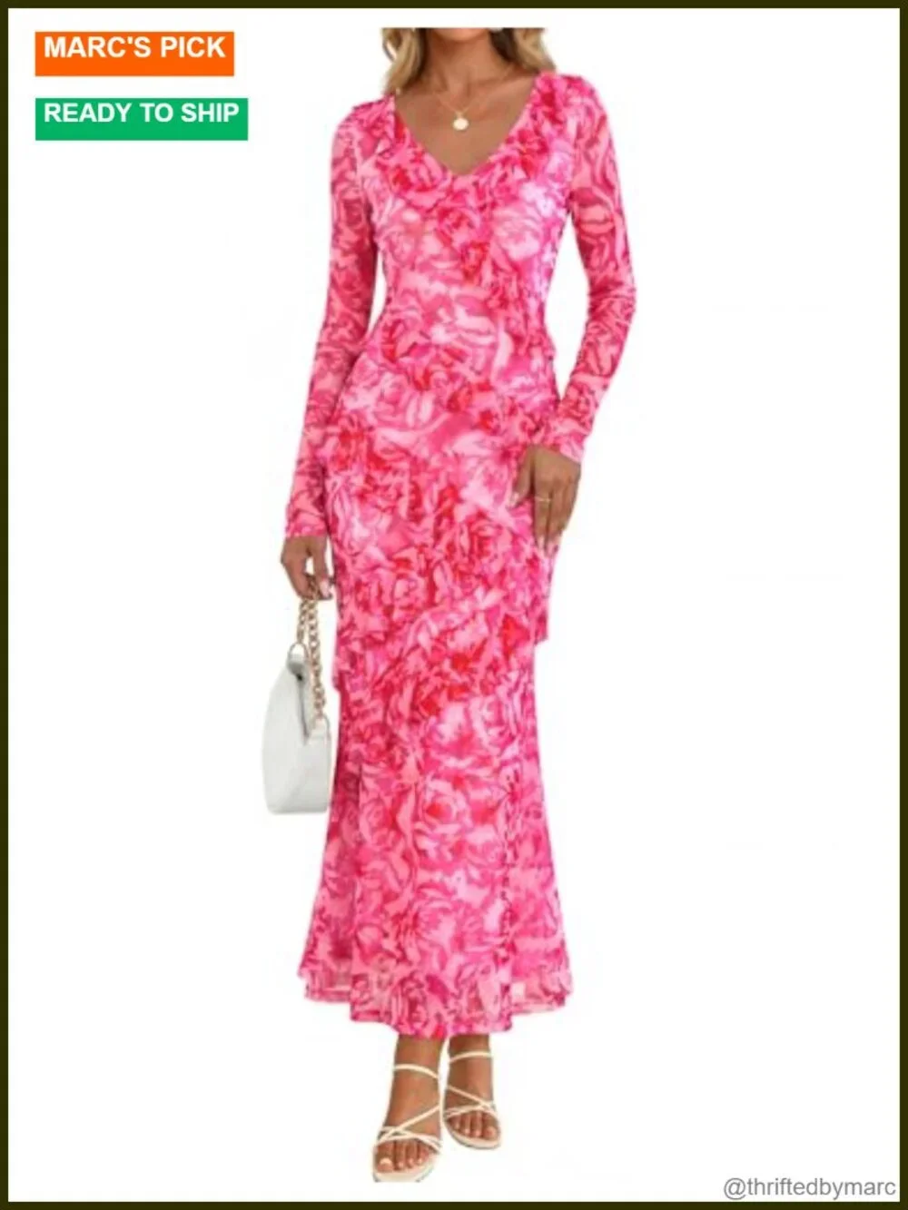 Women's Floral Maxi Dress Long Sleeve V-Neck Bodycon Mermaid Dress